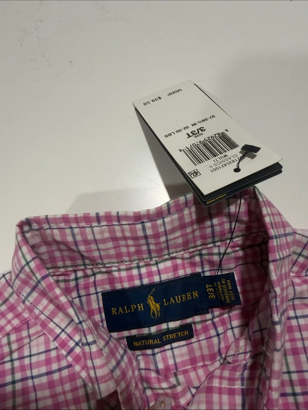 Ralph Lauren Pink Plaid Short-Sleeve Button-Down Shirt with Navy Pony. Kids 3T.